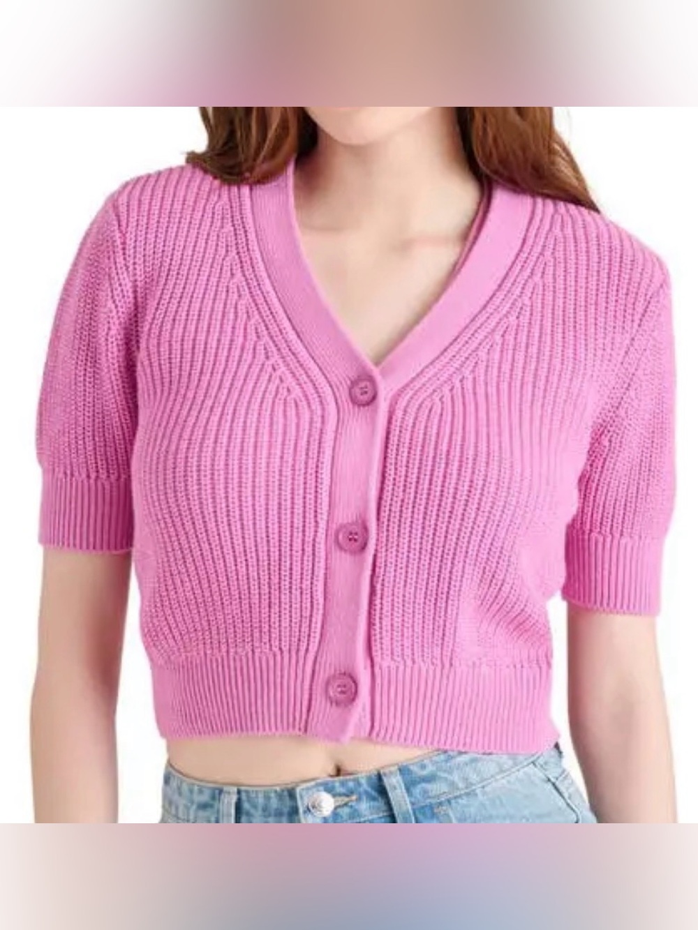 Steve Madden Janae Short Sleeve Cotton Blend Cardigan in Pink Size M